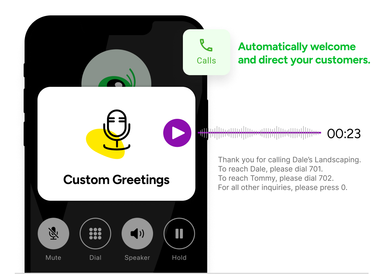 Phone device featuring the Grasshopper system, which automatically greets customers with personalized messages to enhance their experience.
